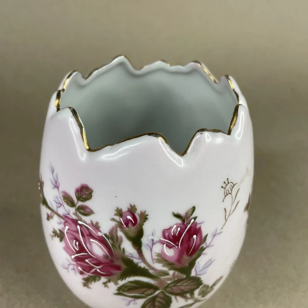 Vintage Porcelain Napcoware Pink Roses Gold Trim Cracked Egg‎ Boudoir Vase